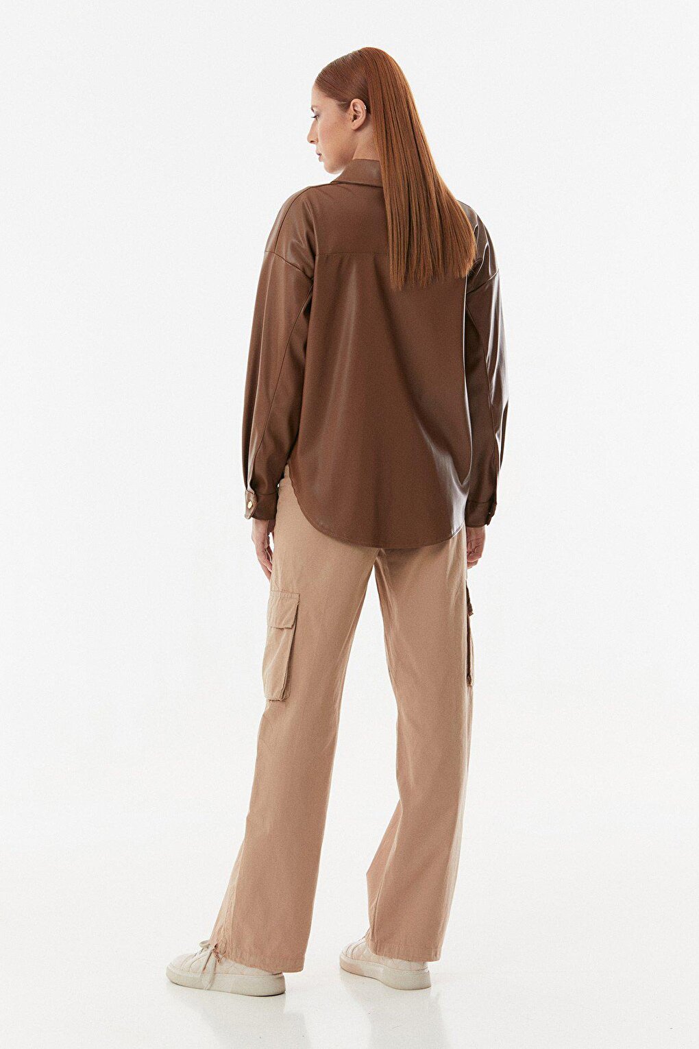 Faux Leather Single Pocket Oversize Shirt