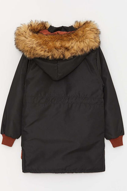 Boy's New Black Hooded Coat with Furry Neck Collar and Beret