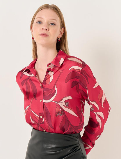 Red Long Sleeve Patterned Satin Shirt