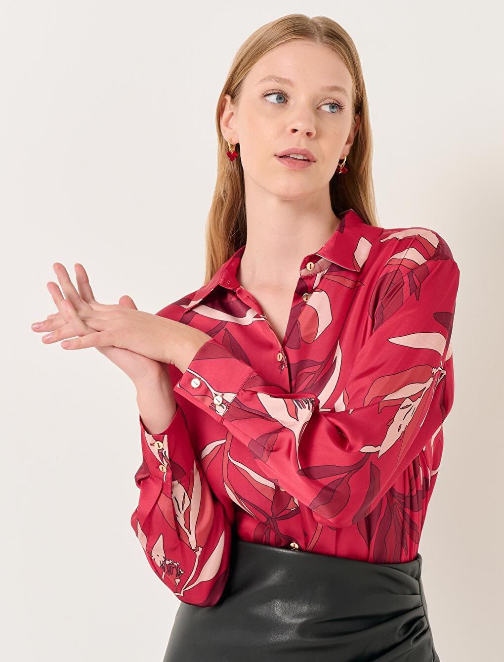 Red Long Sleeve Patterned Satin Shirt