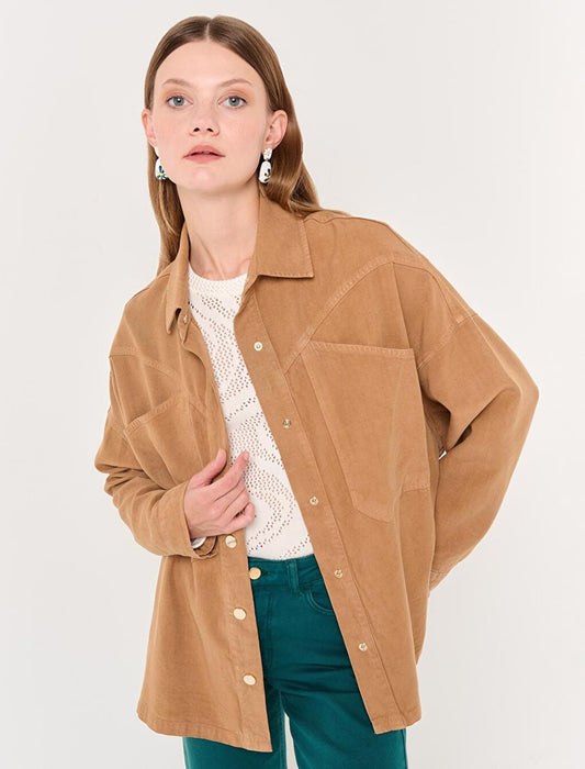 Camel Hair Loose Cut Long Denim Woven Jacket