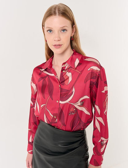 Red Long Sleeve Patterned Satin Shirt