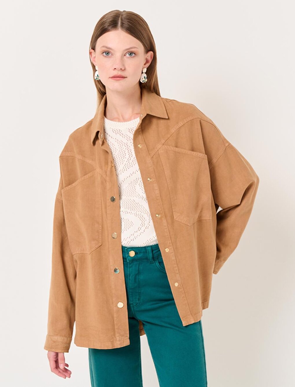 Camel Hair Loose Cut Long Denim Woven Jacket