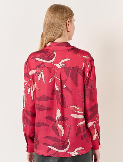 Red Long Sleeve Patterned Satin Shirt