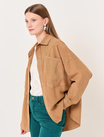 Camel Hair Loose Cut Long Denim Woven Jacket