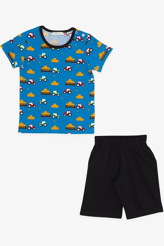 Boy's Pajama Set with Shorts, Tractor Patterned Blue (Age 1.5-5)