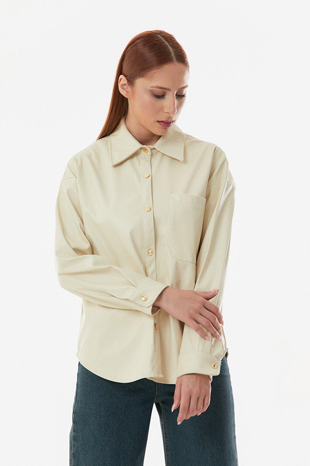 Faux Leather Single Pocket Oversize Shirt