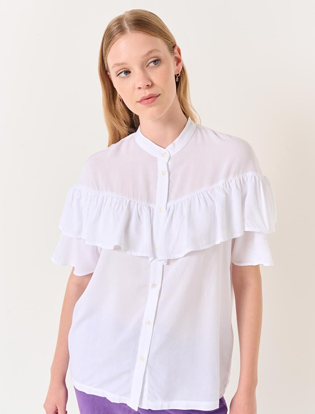 White Stand Collar Short Sleeve Ruffle Detailed Shirt