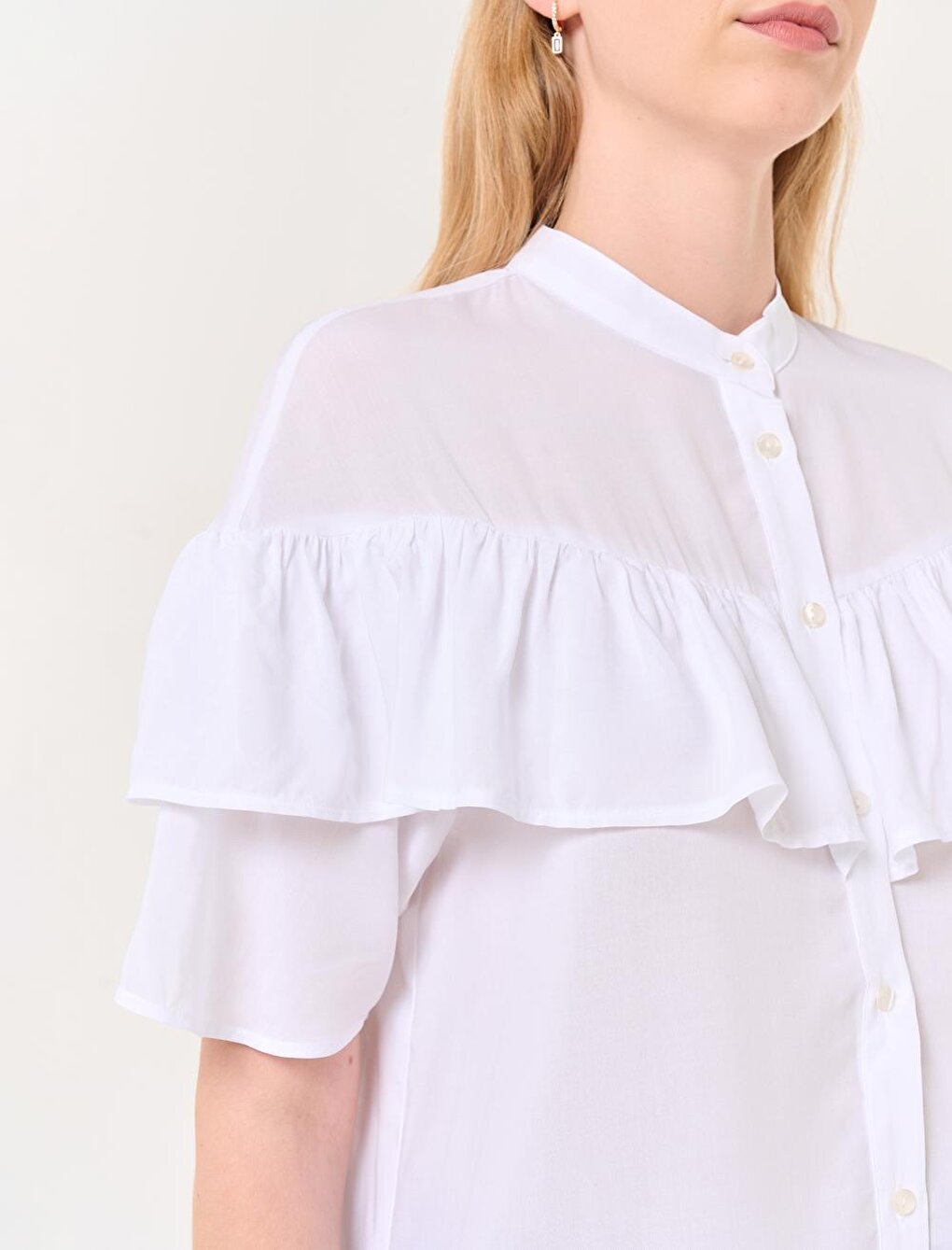 White Stand Collar Short Sleeve Ruffle Detailed Shirt