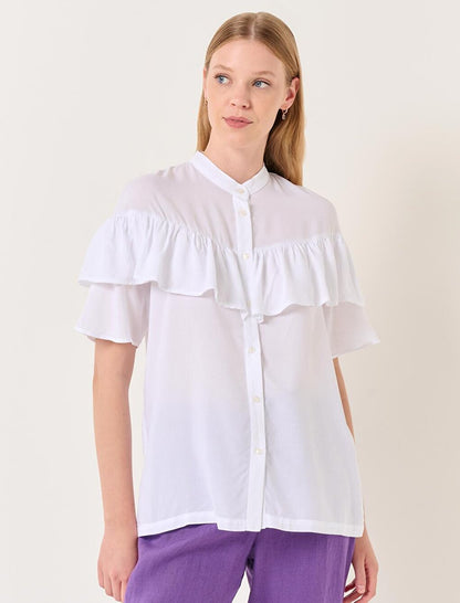 White Stand Collar Short Sleeve Ruffle Detailed Shirt