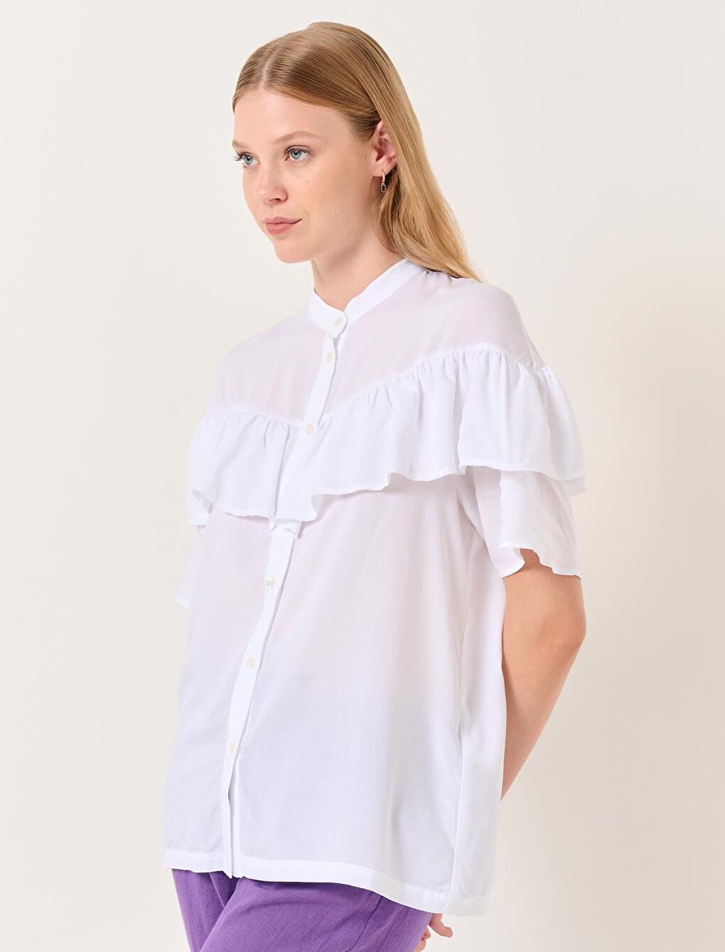 White Stand Collar Short Sleeve Ruffle Detailed Shirt