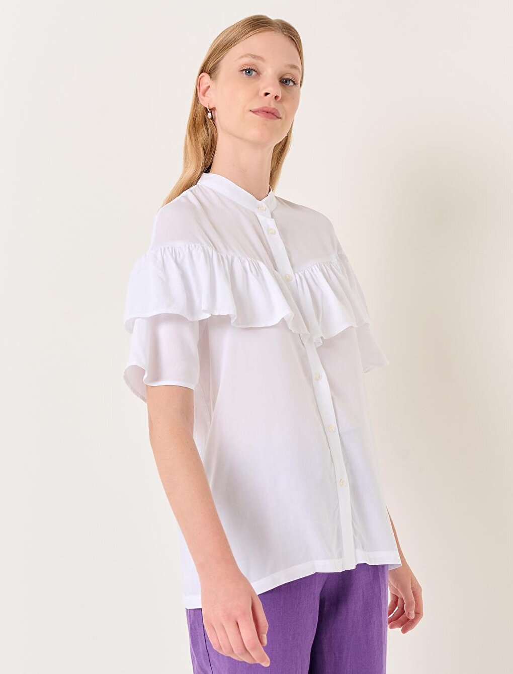 White Stand Collar Short Sleeve Ruffle Detailed Shirt