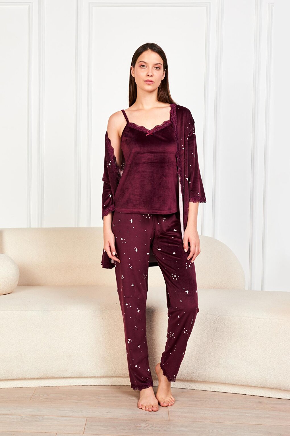 Plum Ecru Star Soft Velvet Three Quarter Sleeve Rope Suspended Trousers 3-Piece Pajama Set