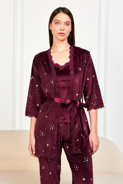 Plum Ecru Star Soft Velvet Three Quarter Sleeve Rope Suspended Trousers 3-Piece Pajama Set