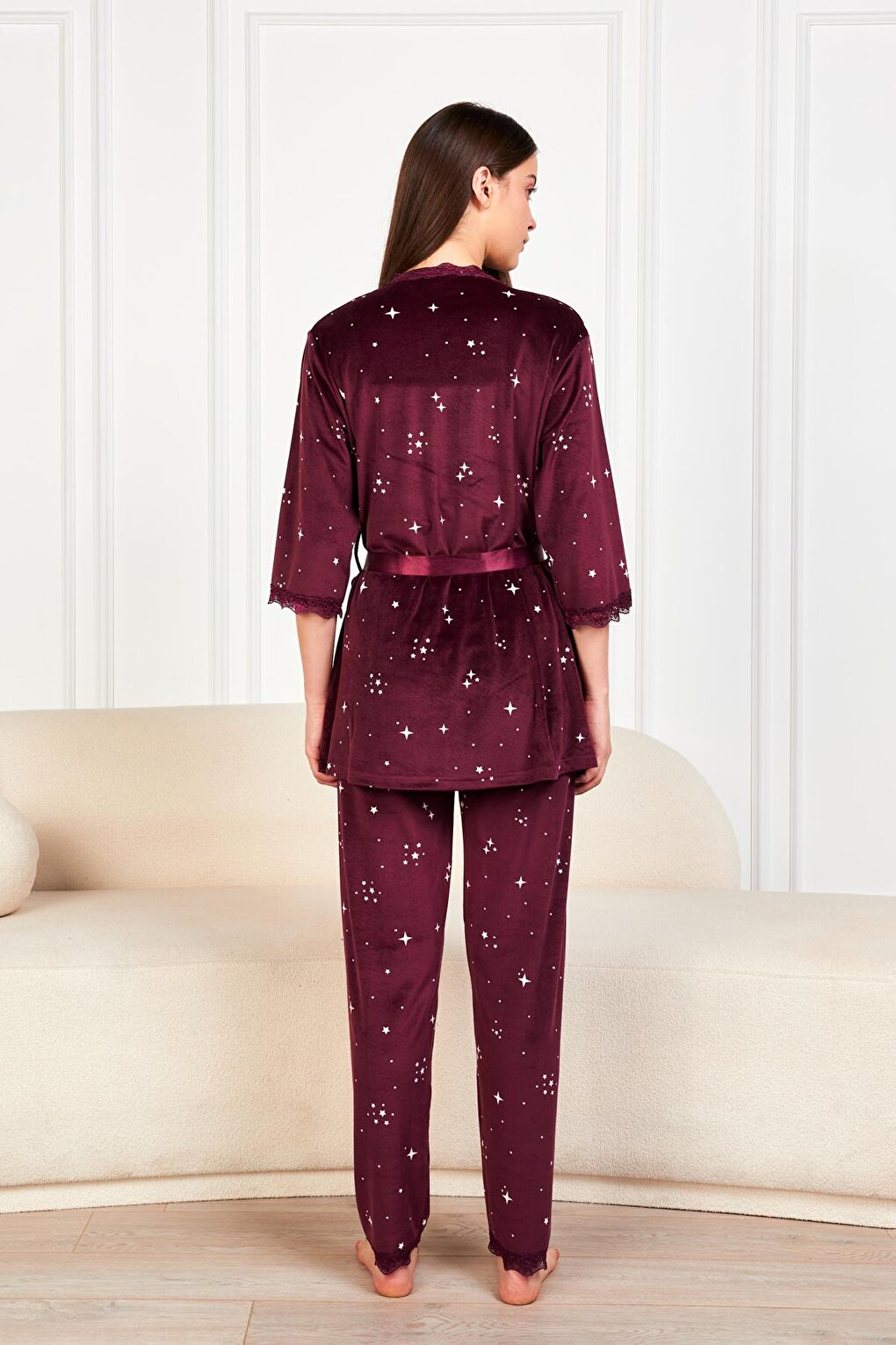 Plum Ecru Star Soft Velvet Three Quarter Sleeve Rope Suspended Trousers 3-Piece Pajama Set