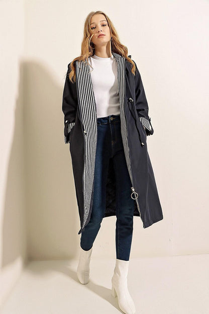 Women's Navy Blue Gathered Waist Hooded Long Trench Coat HZL22W-BD190911