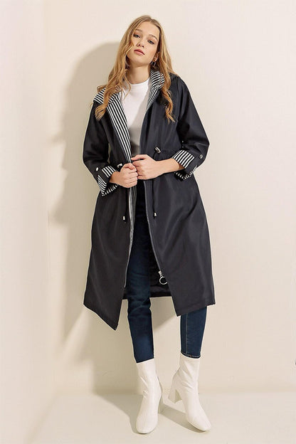 Women's Navy Blue Gathered Waist Hooded Long Trench Coat HZL22W-BD190911