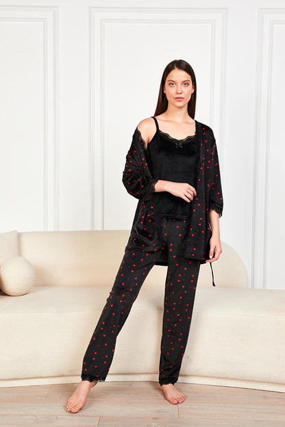 Black Claret Red Heart Soft Velvet Three Quarter Sleeve Rope Suspended Trousers 3-Piece Pajama Set