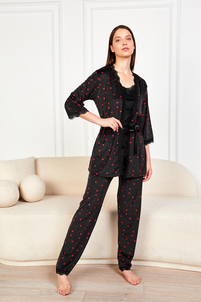 Black Claret Red Heart Soft Velvet Three Quarter Sleeve Rope Suspended Trousers 3-Piece Pajama Set