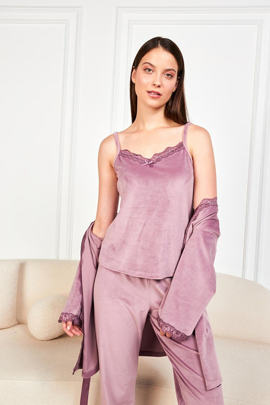 Women's Lilac Soft Velvet Three Quarter Sleeve Rope Suspender Trousers 3-Piece Pajama Set