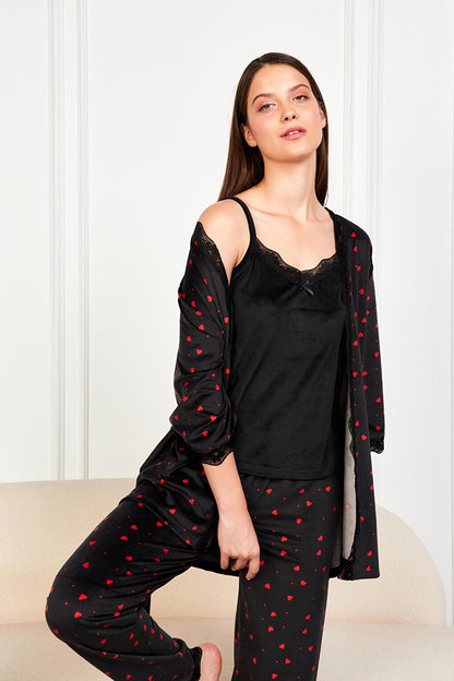 Black Claret Red Heart Soft Velvet Three Quarter Sleeve Rope Suspended Trousers 3-Piece Pajama Set