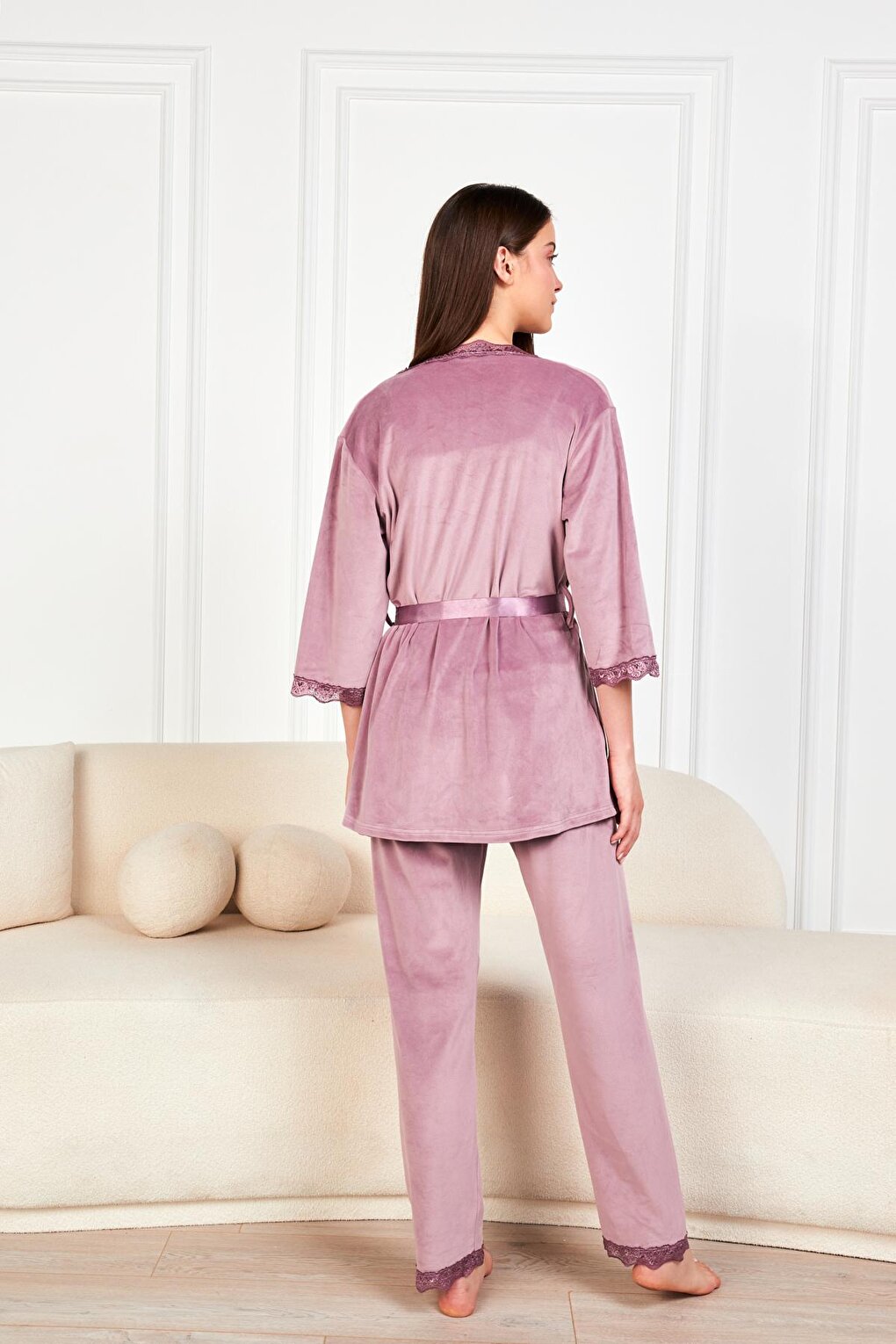 Women's Lilac Soft Velvet Three Quarter Sleeve Rope Suspender Trousers 3-Piece Pajama Set