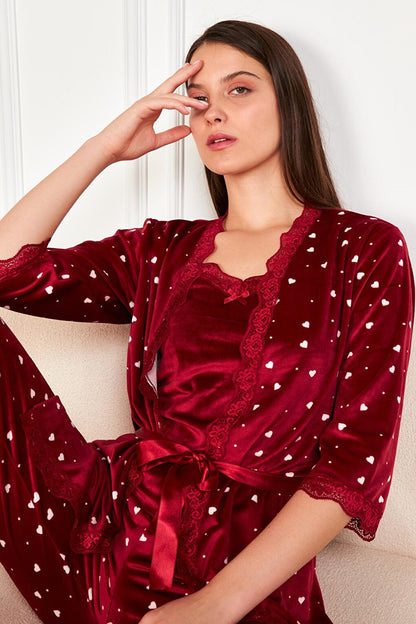 Burgundy Ecru Heart Soft Velvet Three Quarter Sleeve Rope Suspended Trousers 3-Piece Pajama Set