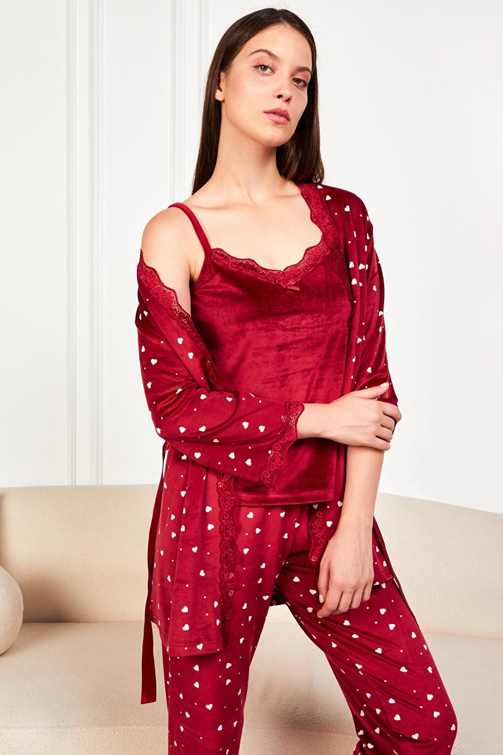 Burgundy Ecru Heart Soft Velvet Three Quarter Sleeve Rope Suspended Trousers 3-Piece Pajama Set