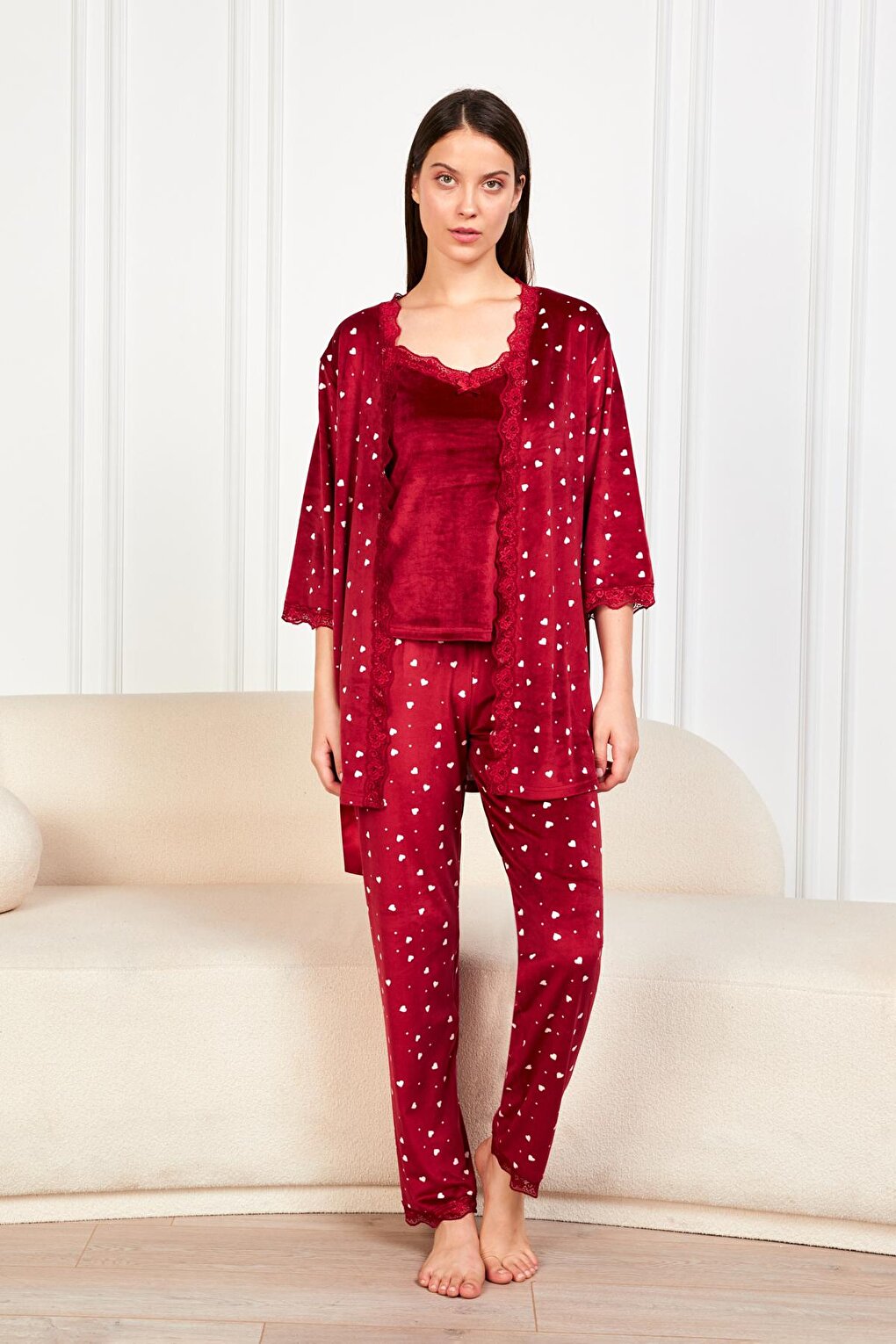 Burgundy Ecru Heart Soft Velvet Three Quarter Sleeve Rope Suspended Trousers 3-Piece Pajama Set