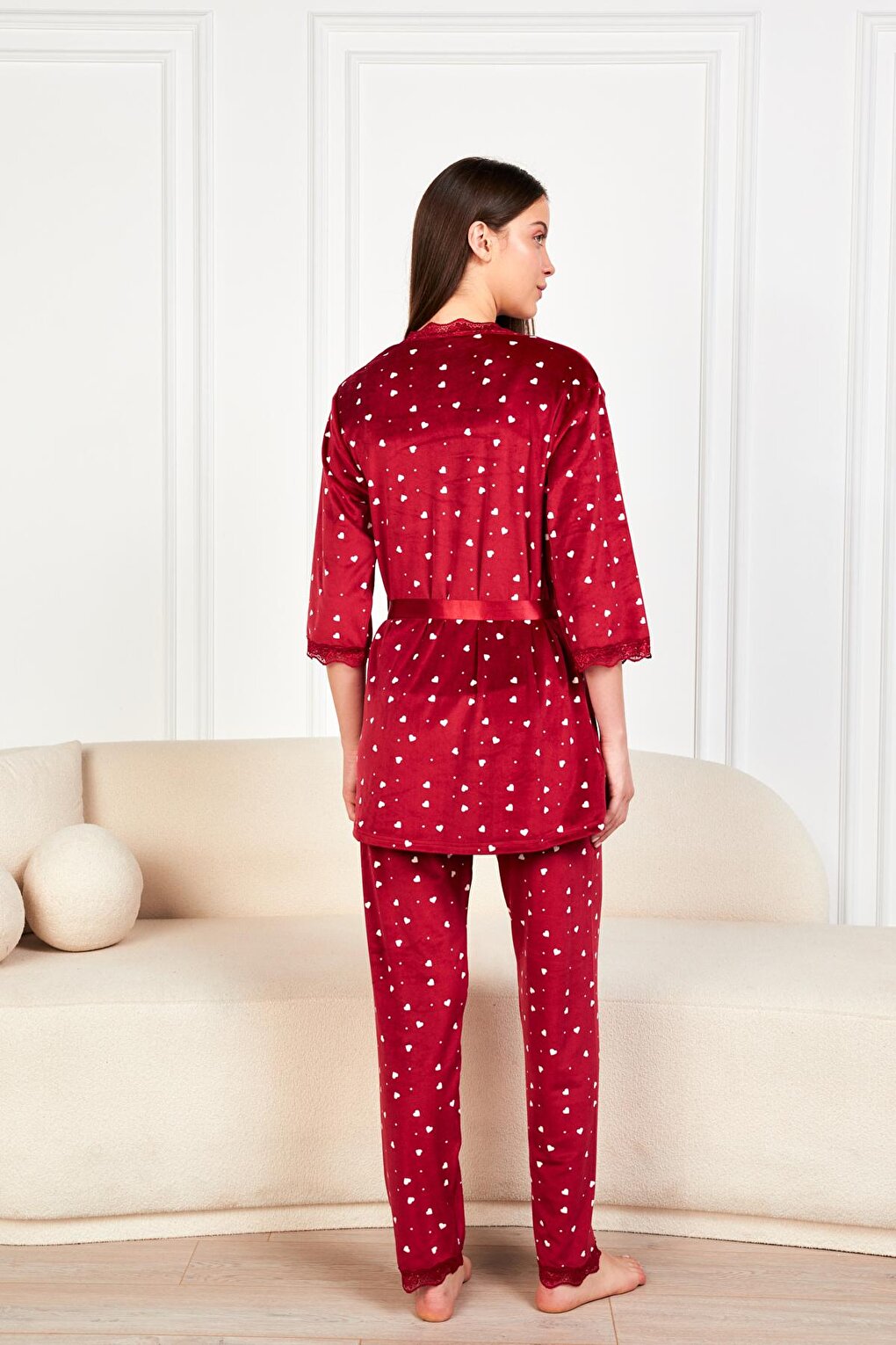 Burgundy Ecru Heart Soft Velvet Three Quarter Sleeve Rope Suspended Trousers 3-Piece Pajama Set