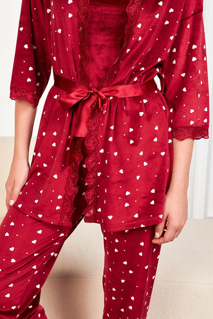 Burgundy Ecru Heart Soft Velvet Three Quarter Sleeve Rope Suspended Trousers 3-Piece Pajama Set