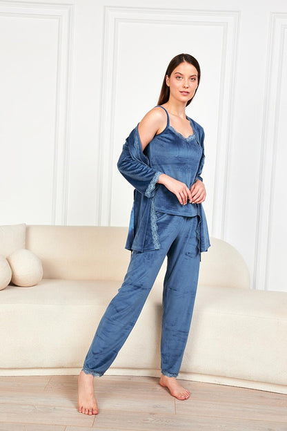 Women's Petrol Blue Soft Velvet Three Quarter Sleeve Rope Suspender Trousers 3-Piece Pajama Set