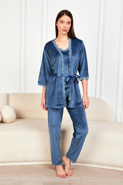 Women's Petrol Blue Soft Velvet Three Quarter Sleeve Rope Suspender Trousers 3-Piece Pajama Set