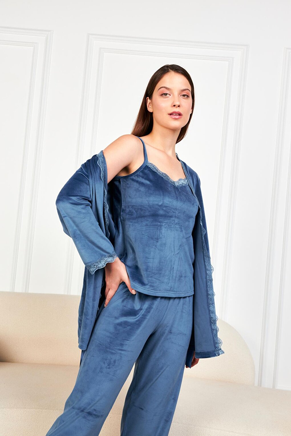 Women's Petrol Blue Soft Velvet Three Quarter Sleeve Rope Suspender Trousers 3-Piece Pajama Set