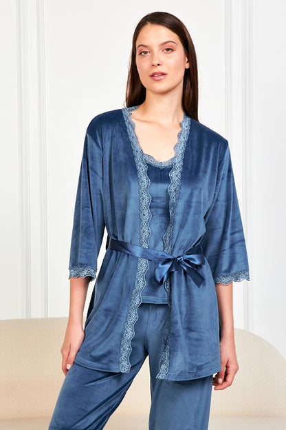 Women's Petrol Blue Soft Velvet Three Quarter Sleeve Rope Suspender Trousers 3-Piece Pajama Set