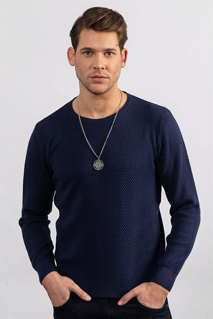 Slim Fit Crew Neck Honeycomb Patterned Men's Navy Blue Sweater