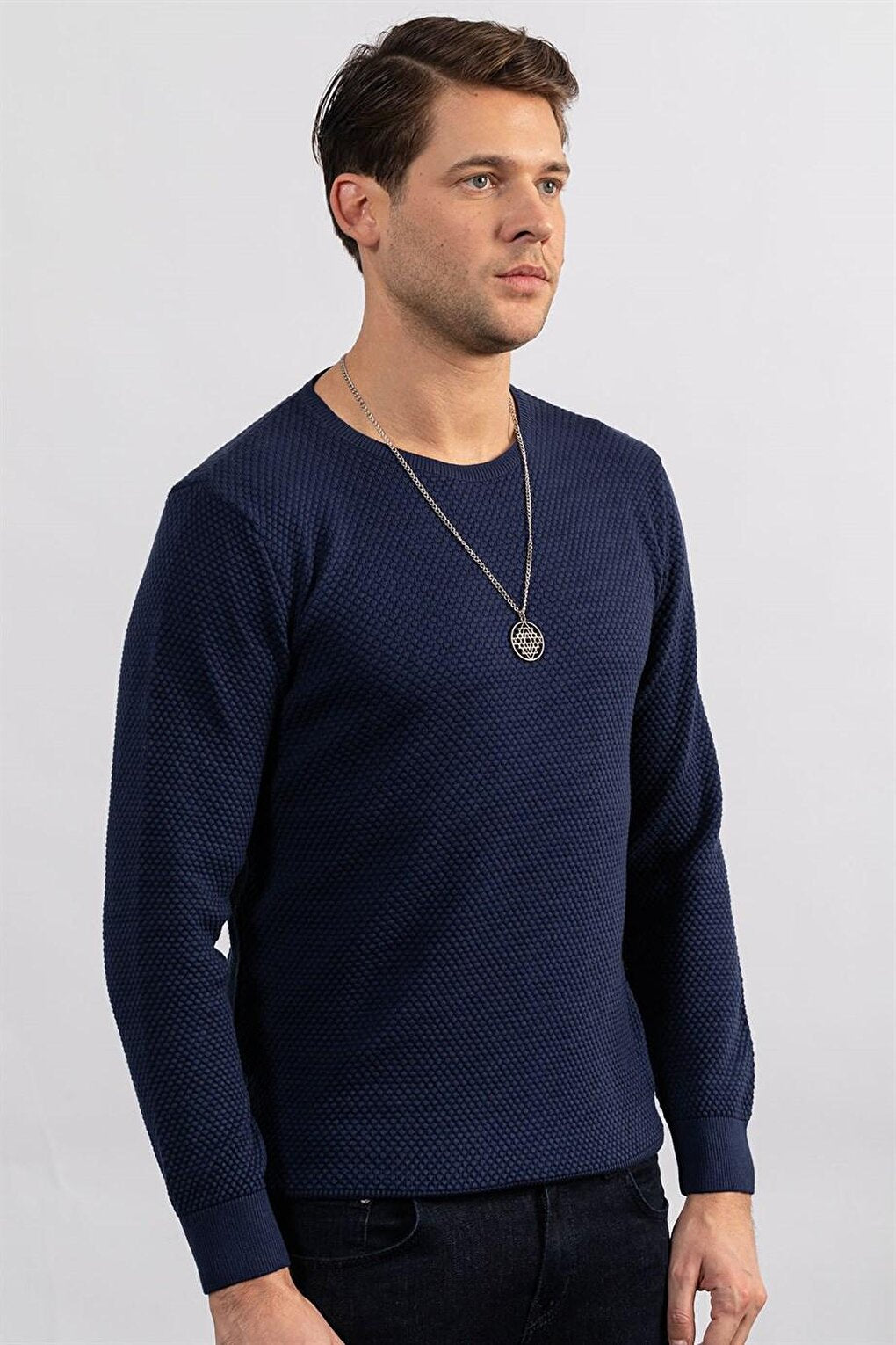 Slim Fit Crew Neck Honeycomb Patterned Men's Navy Blue Sweater