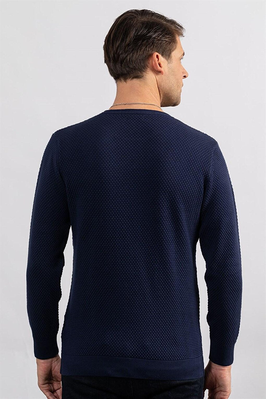 Slim Fit Crew Neck Honeycomb Patterned Men's Navy Blue Sweater