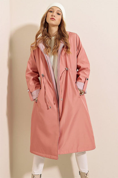 Women's Pink Drawstring Waist Hooded Long Trench Coat HZL22W-BD190911