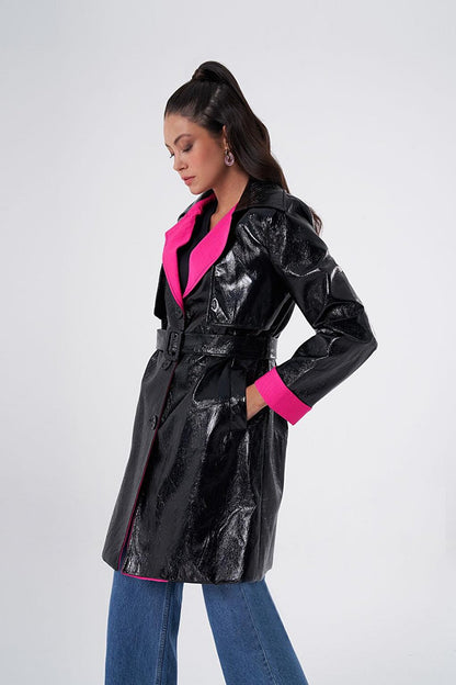 Kraş Black Trench Coat with Garnish Inside