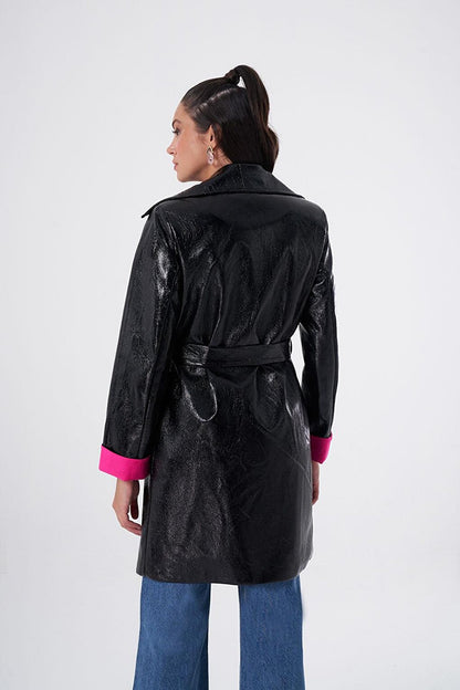 Kraş Black Trench Coat with Garnish Inside