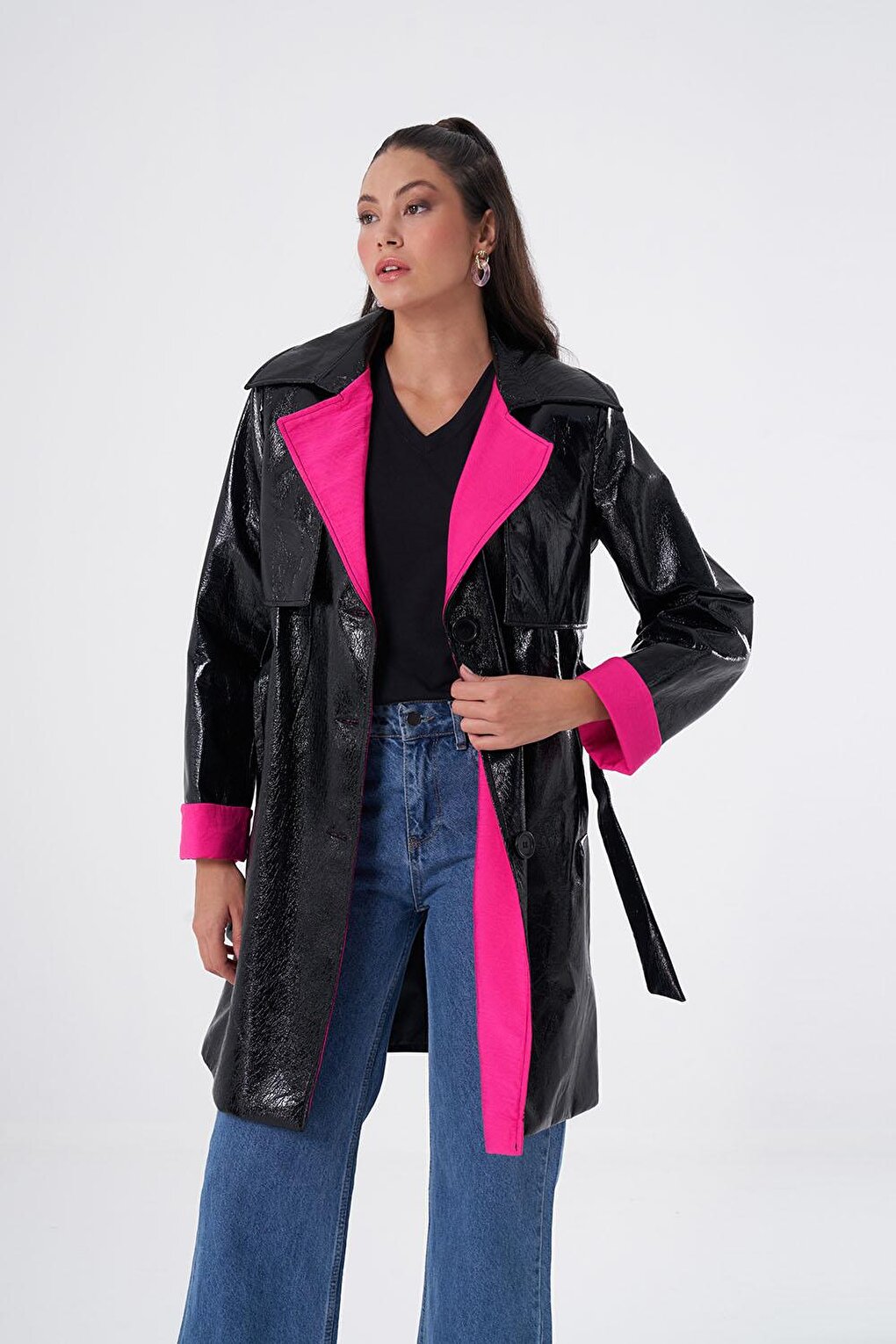 Kraş Black Trench Coat with Garnish Inside