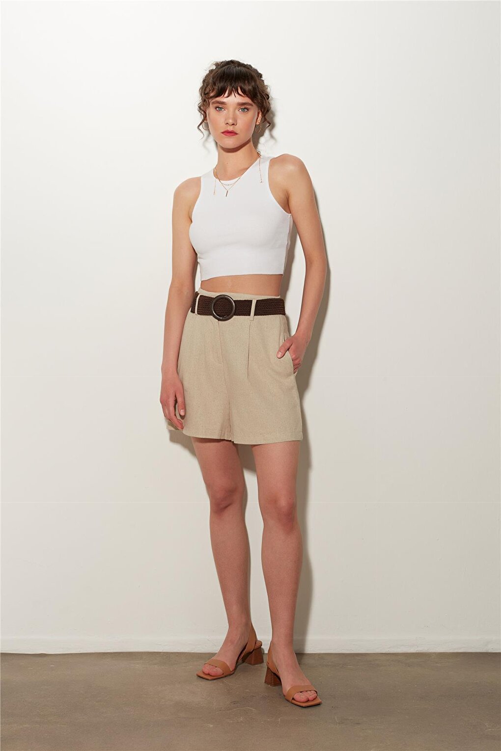 Beige Linen Blend Belted Mini Shorts SS23SH4774BJ