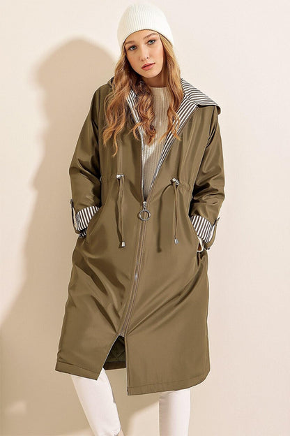 Women's Khaki Waist Gathered Hooded Long Trench Coat HZL22W-BD190911