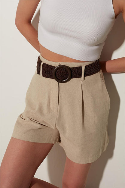 Beige Linen Blend Belted Mini Shorts SS23SH4774BJ