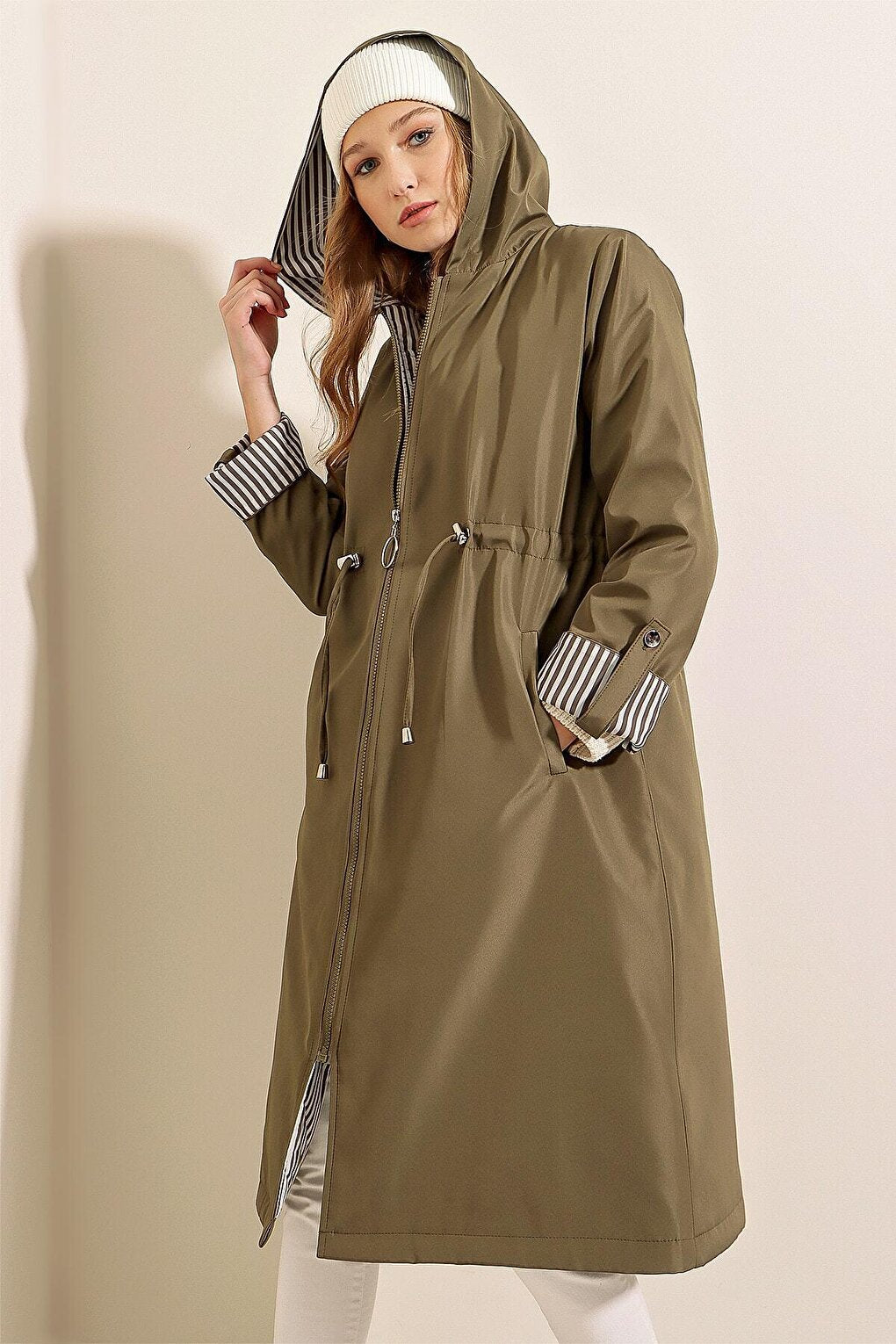 Women's Khaki Waist Gathered Hooded Long Trench Coat HZL22W-BD190911