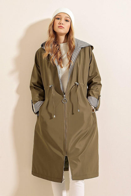 Women's Khaki Waist Gathered Hooded Long Trench Coat HZL22W-BD190911