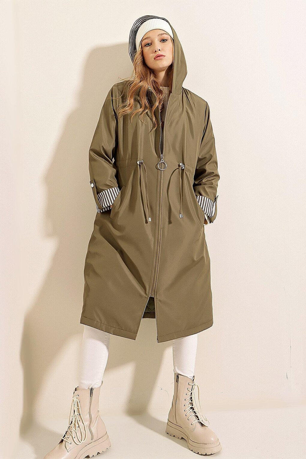 Women's Khaki Waist Gathered Hooded Long Trench Coat HZL22W-BD190911