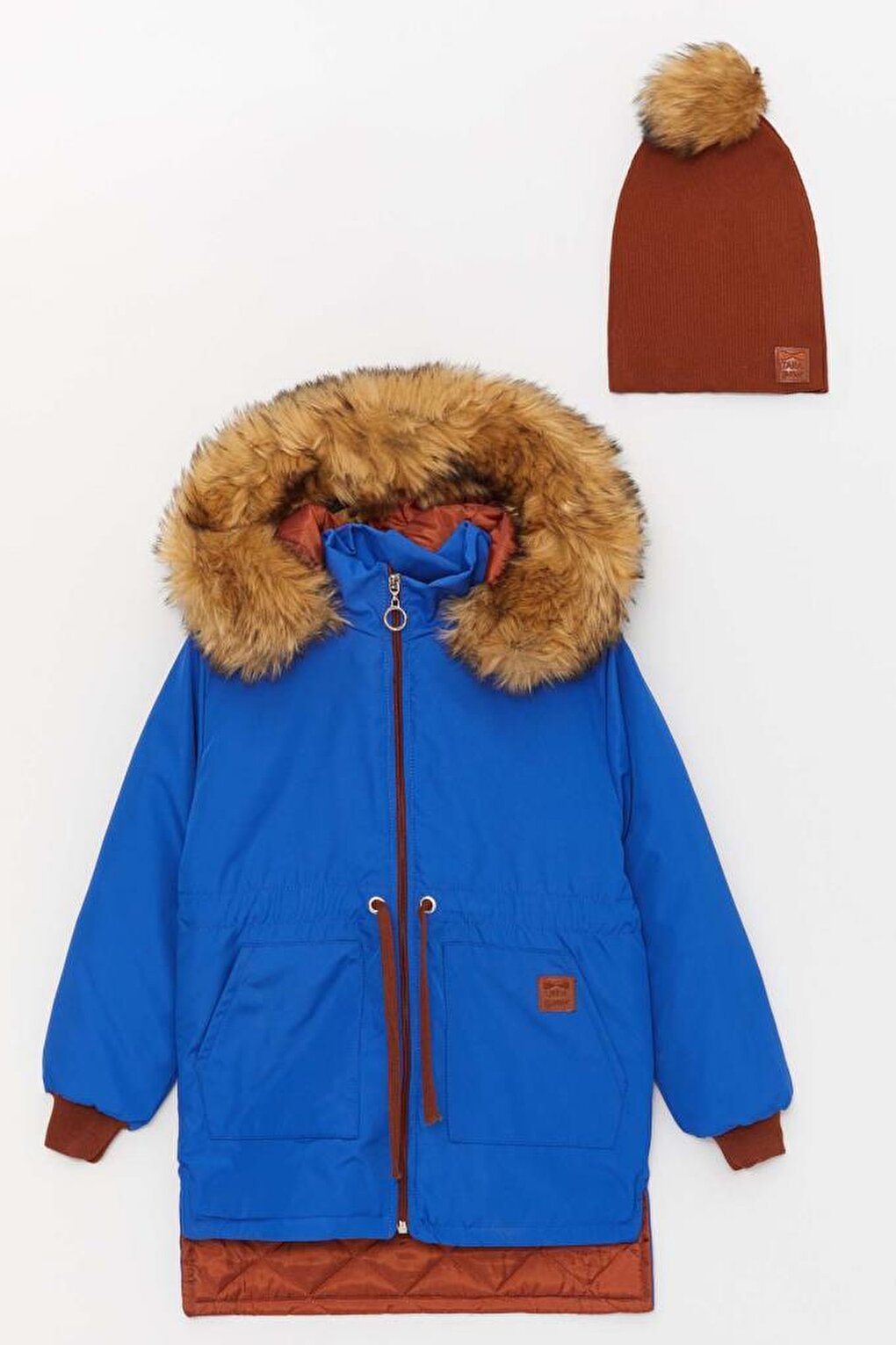 Boy's New Blue Hooded Coat with Furry Neck Collar and Beret