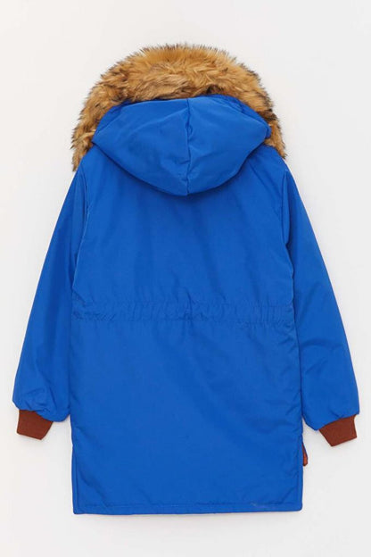 Boy's New Blue Hooded Coat with Furry Neck Collar and Beret